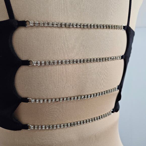 Forever 21 Black Spaghetti Strap Crop Top Y2K Rhinesone Strappy Open Back Bling - Picture 5 of 12